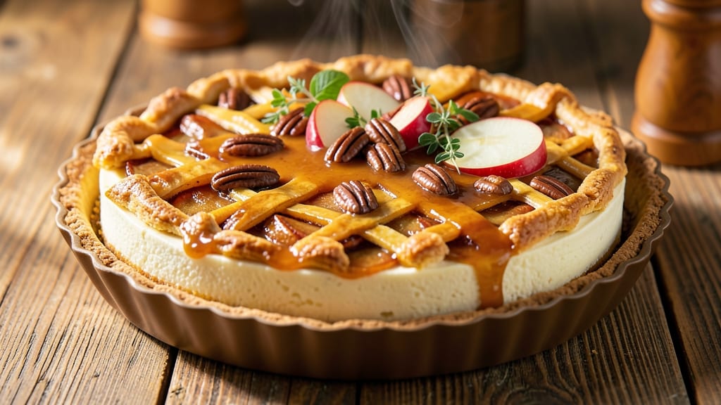 Apple Pecan Pie Cheesecake Recipe: Spiced Streusel Crown Over Tart Apple Pecan Layers