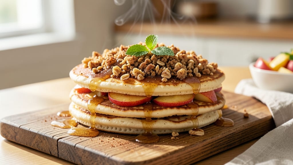 Apple Crisp Pancakes Recipe: Warm Apple Streusel Crown Over Fluffy Vanilla Layers