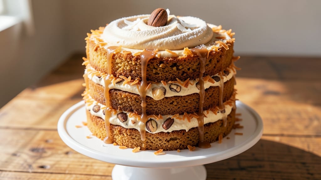 Almond Joy Layer Cake Recipe: Tropical Coconut Swirls With Gooey Caramel Rivers